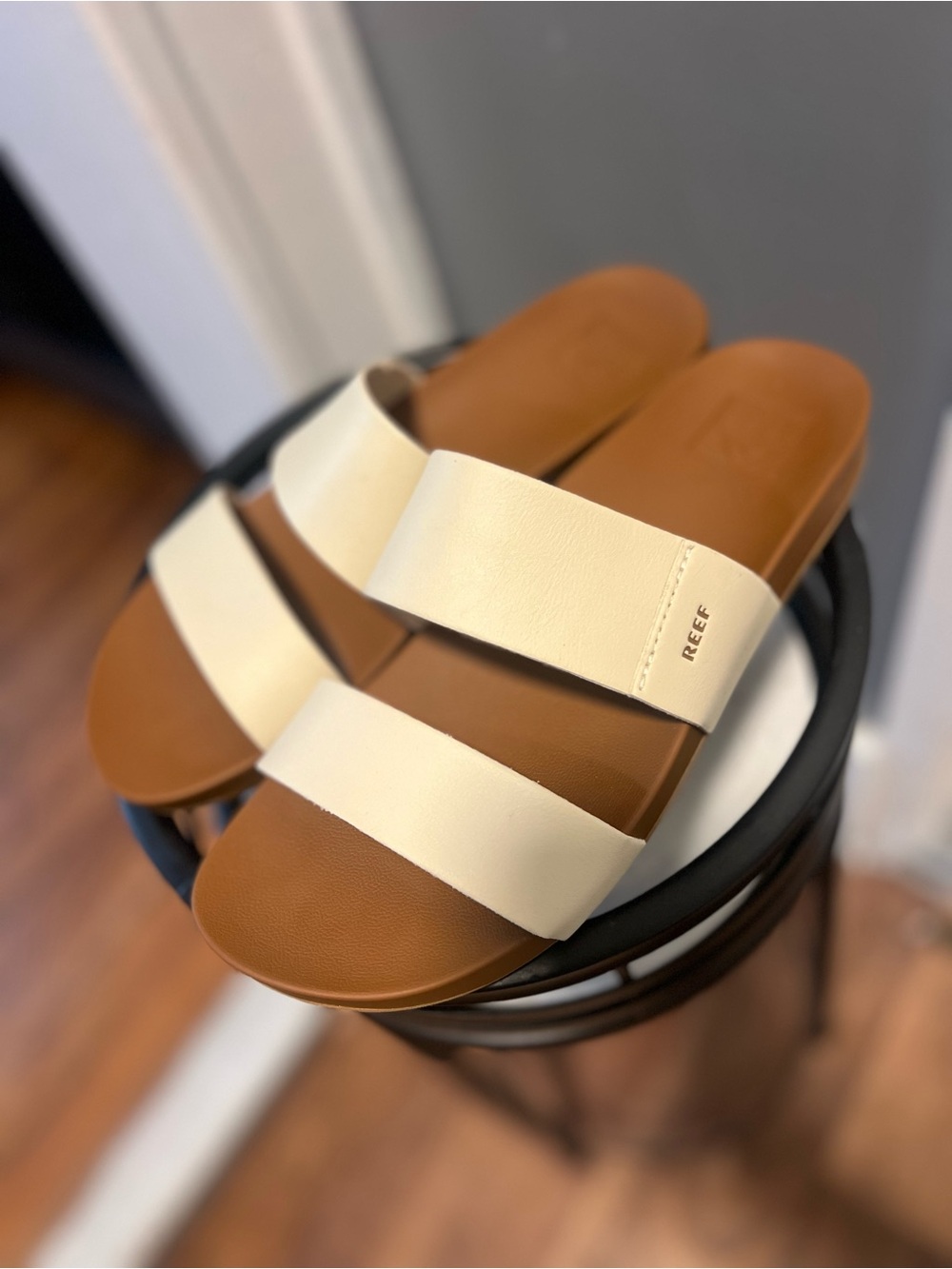 Reef Two-Strap Cream and Brown Slide Sandals